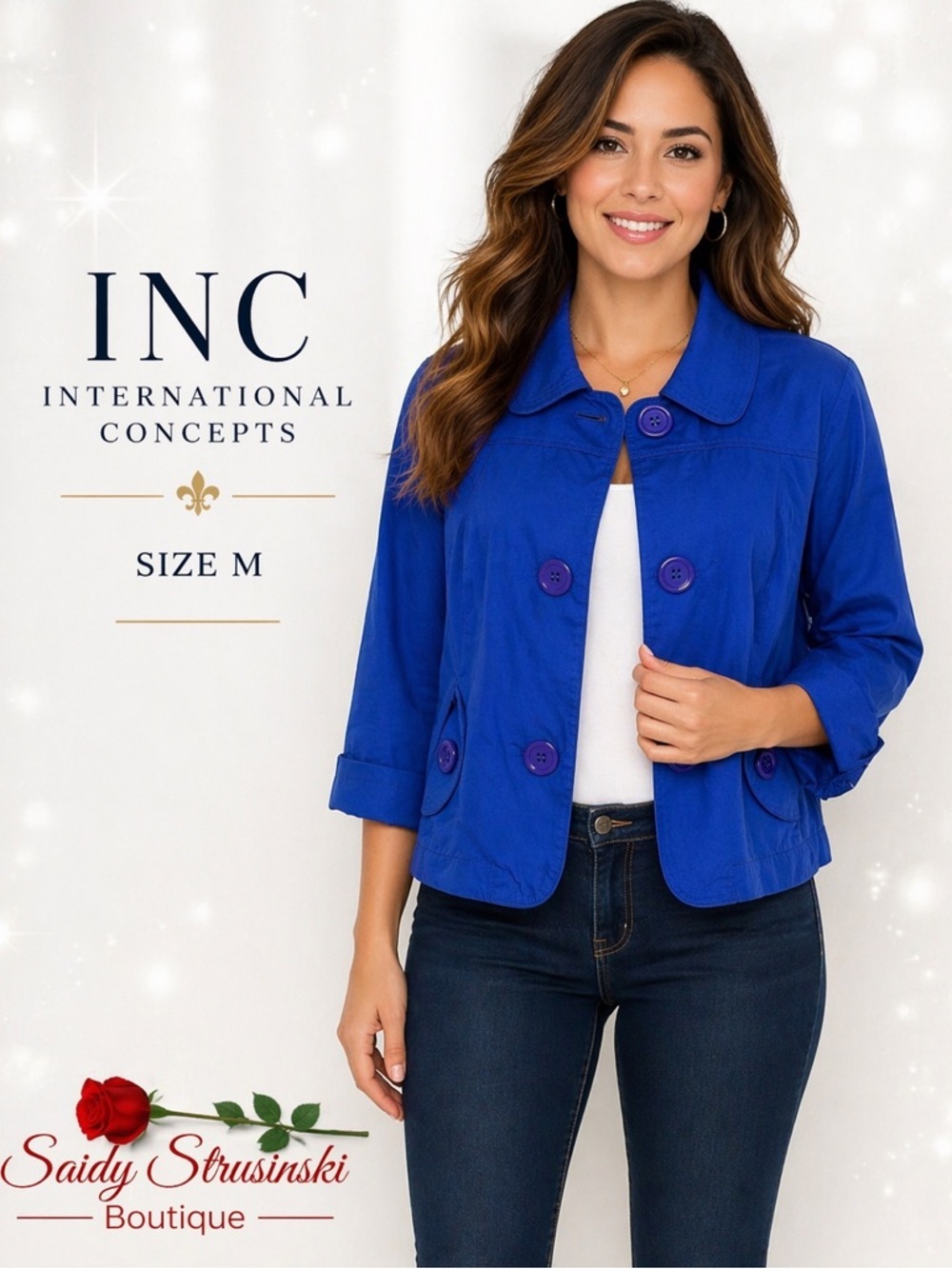 INC International Concepts Blue Cropped Jacket Size M Button front cotton